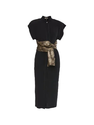 Pre-owned Versace Belted Midi Dress In Black