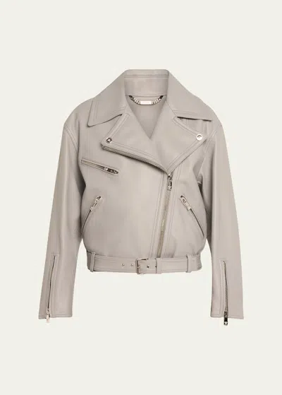 Versace Belted Plonge Leather Moto Jacket In Gray
