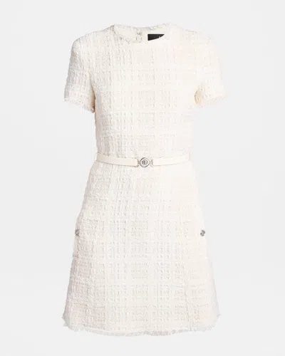 Versace Belted Metallic Cotton-blend Tweed Mini Dress In White