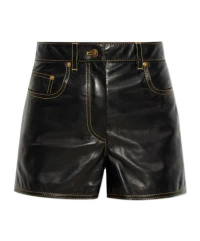 Versace Belt-loops Leather Shorts In Black