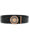 Versace Medusa Streamlined Leather Belt With Adjustable Length And Gold-tone Buckle In Nero- Gold+ruthenium
