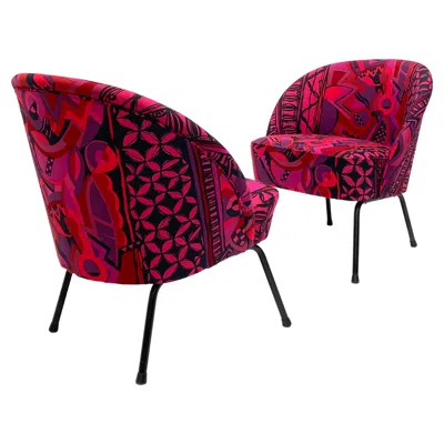 Pre-owned Versace Bespoke Gianni  Fabric Custom Upholstered Pair Of 1950's Cocktail Chairs In Brown
