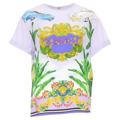 Versace Beverly Palm Lilac Purple Silk Print Short Sleeve Top It40 S In Multi