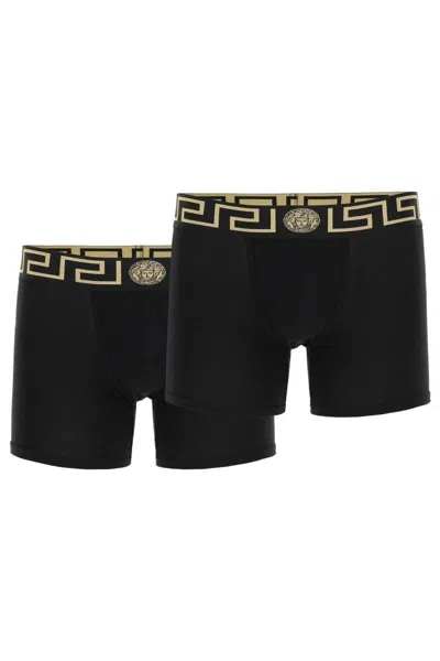 Versace Bi-pack Underwear Trunk With Greca Band In Black