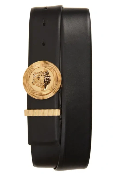 Versace Medusa Streamlined Leather Belt With Adjustable Length And Gold-tone Buckle In Black
