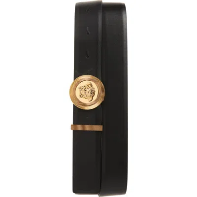 Versace Medusa Streamlined Leather Belt With Adjustable Length And Gold-tone Buckle In Black