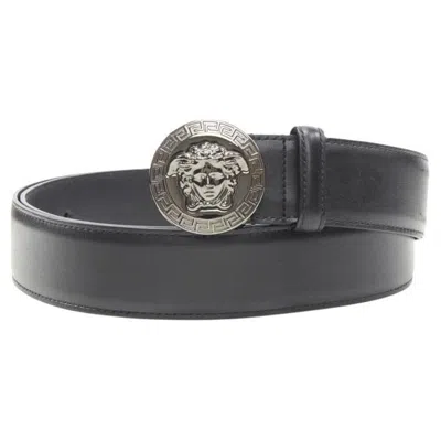 Pre-owned Versace Biggie Medusa Medallion Coin Silver Black Leather Belt 105cm 40-44"