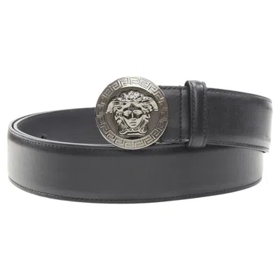 Pre-owned Versace Biggie Medusa Medallion Coin Silver Buckle Black Belt 110cm 42-46"