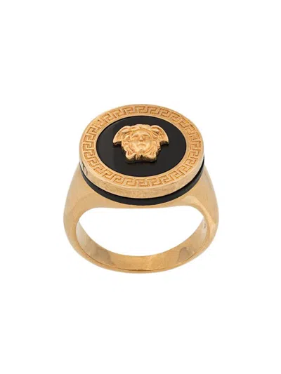 Versace Medusa Ring In Metal With Head And Greek Motif In Nero E Oro