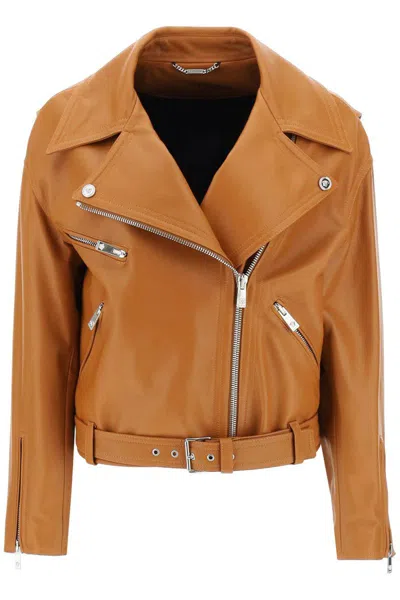 Versace Biker Jacket In Leather In Marrone