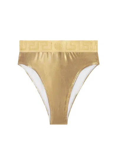 Versace Greca Border Bikini Bottoms With Metallic Finish In Grey