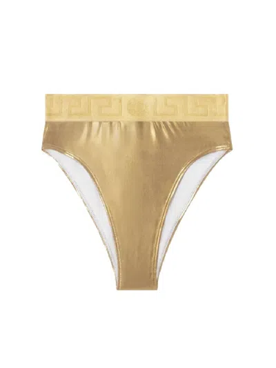 Versace Greca Border Bikini Bottoms With Metallic Finish In Grey