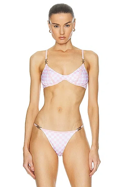 Versace Damier Bikini Top In Pastel Pink & White