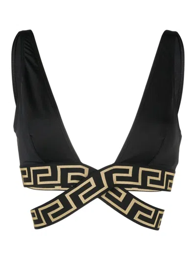 Versace Greca-detail Crossover Bikini Top In Black