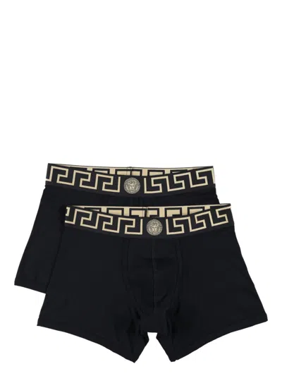 Versace Greca Cotton Boxers In Black