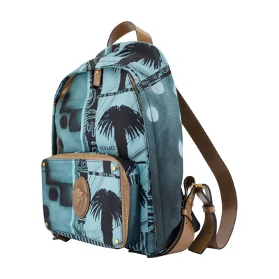 Versace Bird-print Calfskin Backpack In Blue