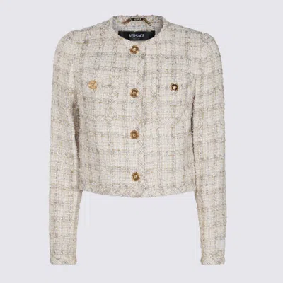 Versace Long Sleeves Tweed Blazer With Front Pockets In Neutrals