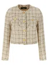 Versace Embellished Cotton-blend Tweed Jacket In Biscuit/white