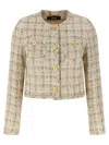 Versace Embellished Cotton-blend Tweed Jacket In Biscuit/white