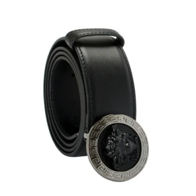 Pre-owned Versace Black 100% Leather Metal Buckle Decorated Medusa Belt Us 40 It 100