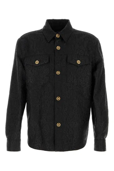 Versace Jacquard Shirt With Front Pockets And Long Sleeves In Black