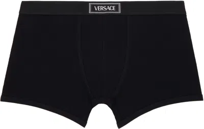 VERSACE BLACK 90S VINTAGE LOGO RIBBED LONG BOXER BRIEFS