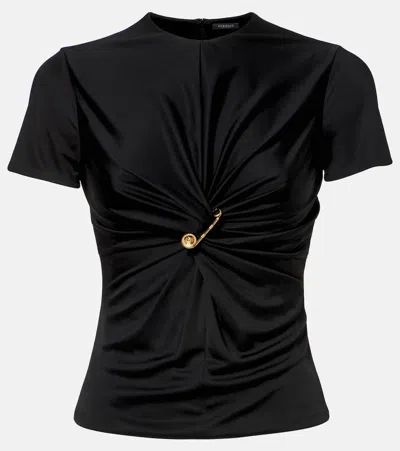 Versace Gathered Jersey Top In Black