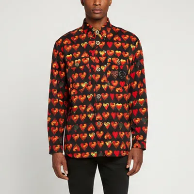 Pre-owned Versace Black All Over Heart Print Denim Button Down Shirt Xs
