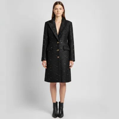 Pre-owned Versace Black All Over Logo Tweed Fitted Long Coat S