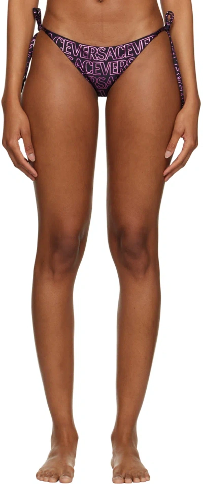 Versace Black Allover Bikini Bottom In Black Tropical Pink