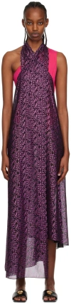 Versace Logo-print Metallic Crepe Maxi Dress In 5ba50-black+tropical