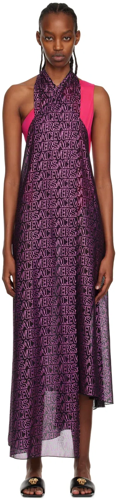 Versace Logo-print Metallic Crepe Maxi Dress In Purple