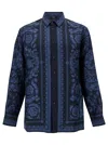 VERSACE VERSACE BLACK AND BLUE SHIRT WITH ALL-OVER BAROCCO PRINT IN SILK MAN