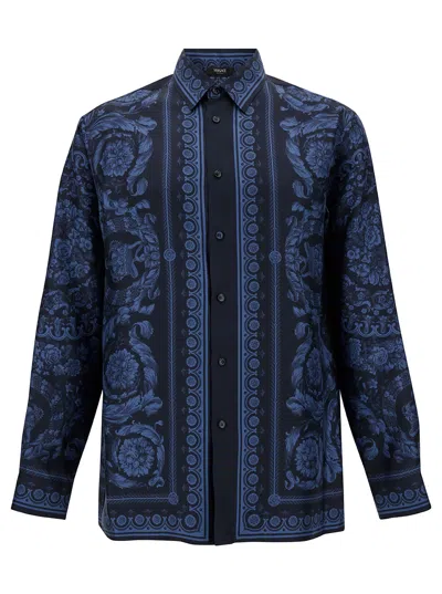 VERSACE VERSACE BLACK AND BLUE SHIRT WITH ALL-OVER BAROCCO PRINT IN SILK MAN