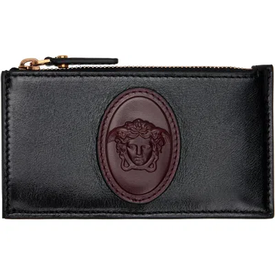 Versace Black & Brown Roomy Leather Zip Card Holder