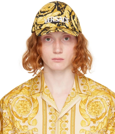 Versace Black & Gold Barocco Logo Baseball Cap In Black+gold+black