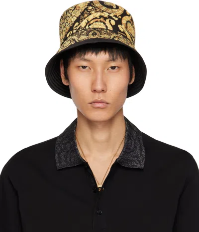 Versace Black & Gold Barocco Reversible Bucket Hat In 5b000-black+gold