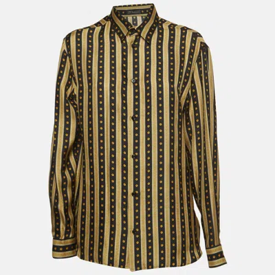 Pre-owned Versace Black & Gold Greca Print Silk Buttoned Up Shirt M