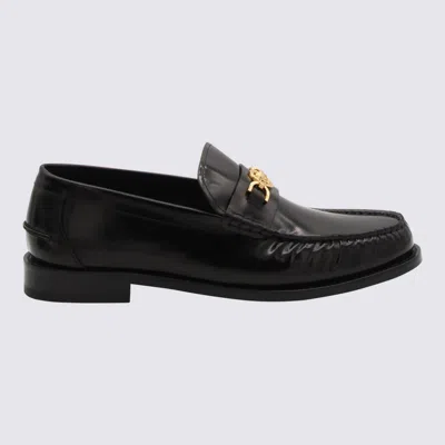 VERSACE BLACK AND GOLD LEATHER MEDUSA LOAFERS