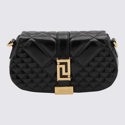 Versace Black And Gold Leather Mini Greca Goddess Shoulder Bag In Caramel/ Gold