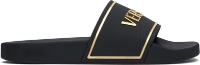 VERSACE BLACK & GOLD LOGO POOL SLIDES