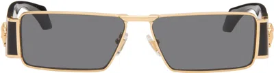 Versace Black & Gold Medusa Plaque Rectangular Sunglasses In Multi