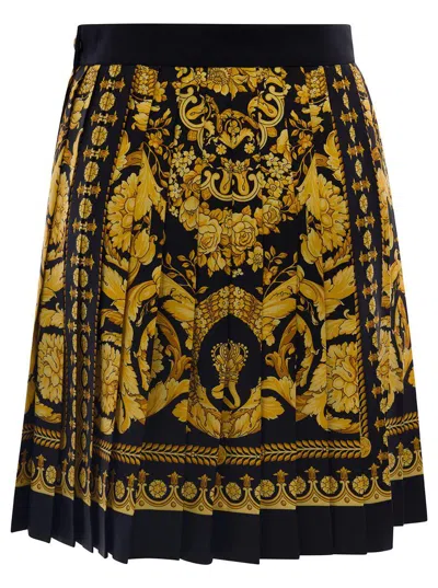 Versace Black And Golden Pleated Skirt With Baroque Print All-over