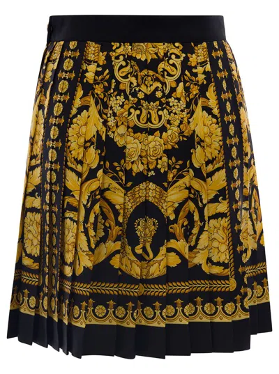 Versace Black And Golden Pleated Skirt With Baroque Print All-over In Silk Woman
