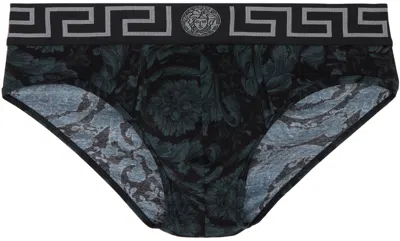 Versace Barocco Cotton Blend Briefs In Black Grey