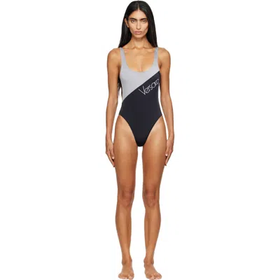 Versace Black & Gray Embroidered-logo One-piece Swimsuit