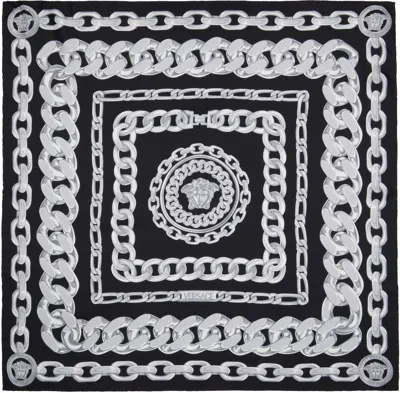 Versace Black & Gray Medusa Chains Large Silk Scarf In 5b950-black+silver