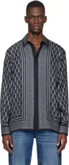 Versace Blue Geometric Greek Key Silk Shirt In Gray