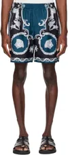 Versace Baroque-printed Silk-nylon Shorts With Elastic Waistband In Blue