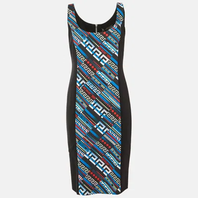 Pre-owned Versace Black & Printed Crepe Sleeveless Sheath Dress L